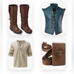 Renaissance Men’s Medieval Pirate Dress, Shirt, Waist Coat, Pouch And Boots.